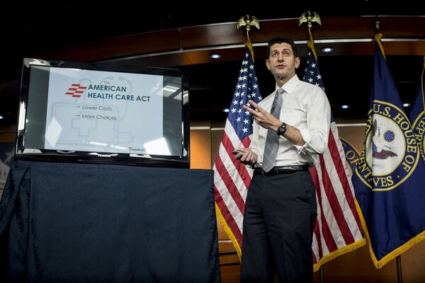 House Speaker Paul Ryan (R-Wis.) discusses the American Health Care Act at a news conference on Capitol Hill in Washington, March 9, 2017. Ryan and other Republicans have proposed limiting full tax credits on health insurance to single people making $75,000 or less and married couples who earn $150,000 or less. (Gabriella Demczuk/The New York Times)