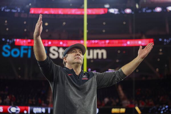 Georgia head coach Kirby Smart celebrates after their win against TCU in the 2023 College Football Playoff National Championship at SoFi Stadium, Monday, Jan. 9, 2023, in Inglewood, Ca. Georgia won 65-7. (Jason Getz/The Atlanta Journal-Constitution/TNS)