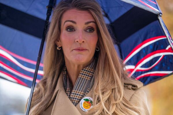 12/16/2020 —  Atlanta, Georgia —  U.S. Senator Kelly Loeffler speaks with members of the press after participating in early voting at Chastain Park Gymnasium in Atlanta’s Chastain Park neighborhood, Wednesday, December 16, 2020.  (Alyssa Pointer / Alyssa.Pointer@ajc.com)