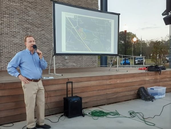 Joe McGorrey, principal of the Alpharetta-based developer Native Development Group, meets Tuesday with residents of Springbrook Estates, a subdivision just off Lewis Road in southern Powder Springs. Native Development Group is gearing up to build a warehouse and logistics center along Oglesby Road. Many homeowners at Springbrook Estates are opposed. (Matt Bruce/AJC)