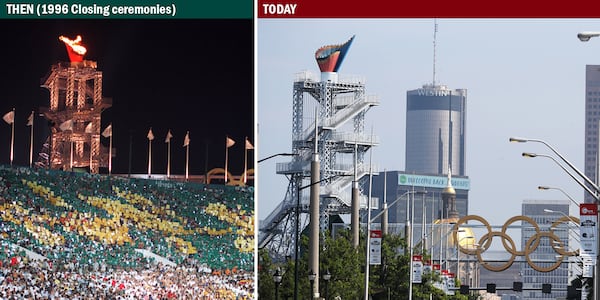 The Olympic Cauldron was lit by Muhammad Ali during the opening ceremonies for the 1996 Summer Olympic Games at Centennial Olympic Stadium (seen here during the closing ceremonies on Aug. 4, 1996). The stadium was later reconfigured as Turner Field, the home of the Atlanta Braves, until the ball club moved to Truist Field in Cobb County in 2017. The cauldron moved too, one block north to the intersection of Capitol Avenue and Fulton Street. The stadium, now called Center Parc Credit Union Stadium, is the home of the Georgia State University Panthers football team. (Renee Hannans, Curtis Compton / AJC)