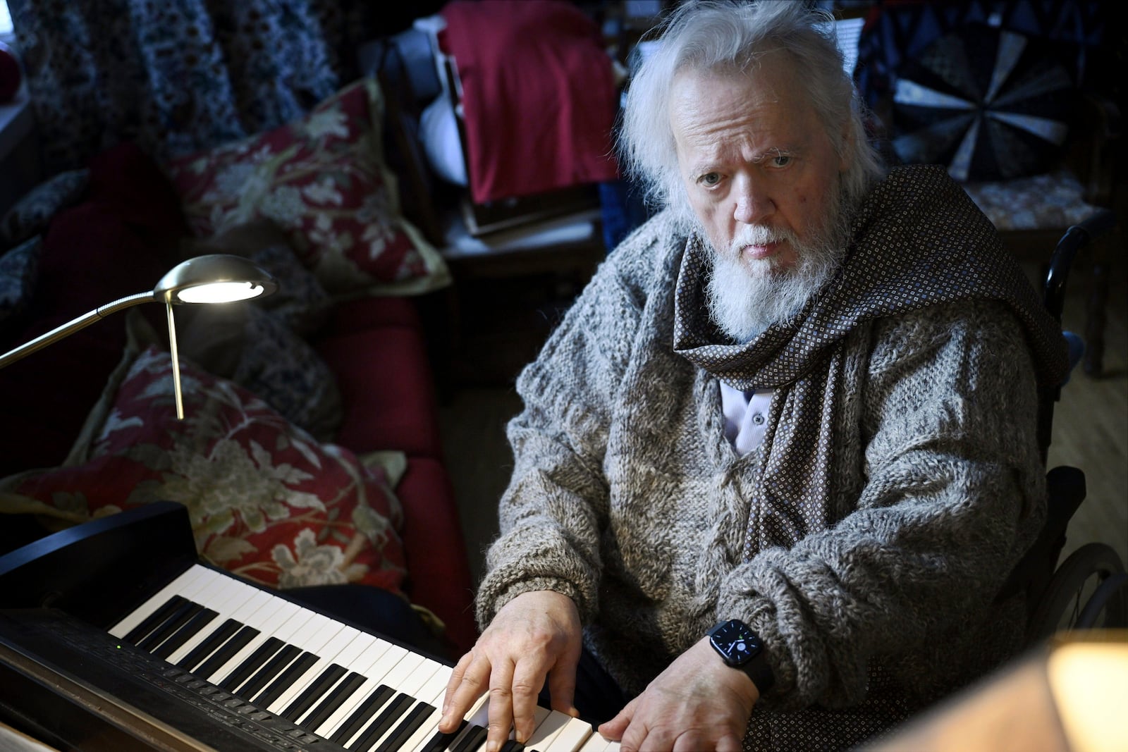 Finnish conductor, composer Leif Segerstam pictured at his home in Helsinki, Finland on Feb. 8, 2024. (Antti Aimo-Koivisto/Lehtikuva via AP)