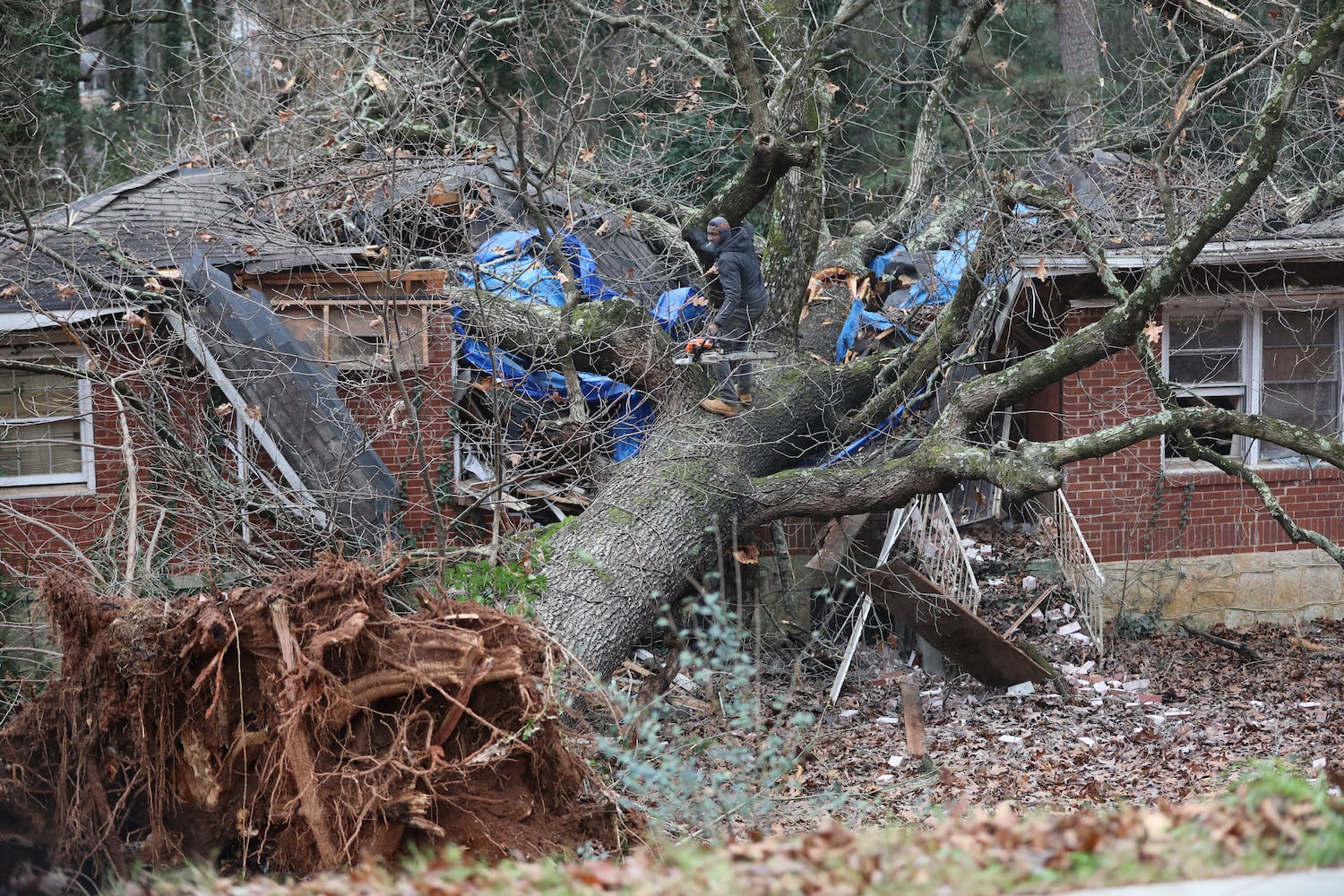 A worker from a tree company walks on top of the tree that cut a house in two early today. A 5-year-old boy was killed, and his mother was rescued and taken to the hospital.
Monday, January 3, 2022. Miguel Martinez for The Atlanta Journal-Constitution