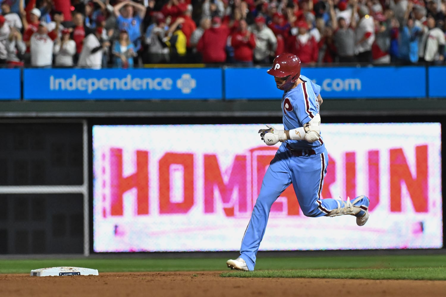 Philadelphia Phillies’ Nick Castellanos celebrates a solo home run against the Atlanta Braves during the sixth inning of NLDS Game 4 at Citizens Bank Park in Philadelphia on Thursday, Oct. 12, 2023.   (Hyosub Shin / Hyosub.Shin@ajc.com)