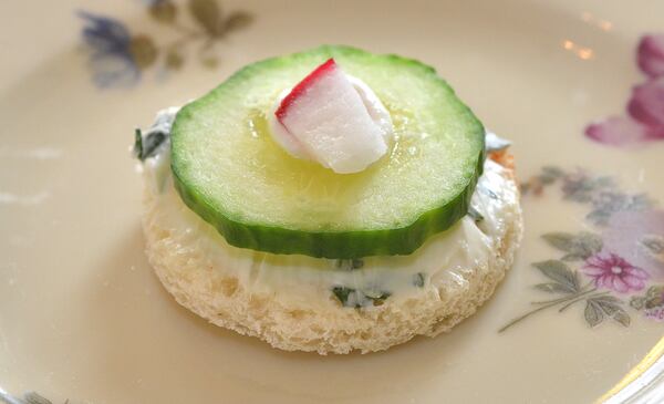 170324 Woodstock, Georgia: Cucumber Mint Tea Sandwich from Tea Leaves and Thyme in Woodstock, Ga. Food cover story: Tea Time. Tea time isn't just about a pot of frou frou tea and a few nibbles of scones and sweets. Tea time has to include sandwiches. All photos taken at Tea Leaves and Thyme, downtown Woodstock, Ga on Friday 3/24/2017. Styling by Juanita Vasquéz. (Photo Chris Hunt/Special) for Wendell Brock story 040617teasandwiches