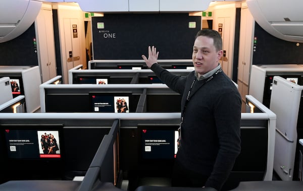 Michael Steinfeld, Delta's manager of onboard product, speaks during a media preview event of an Airbus A350 with new cabin design at Delta TechOps, Friday, January 24, 2025, in Atlanta. Delta unveiled a new cabin design on Tuesday, featuring improved lighting, seating and refreshed branding elements. (Hyosub Shin / AJC)