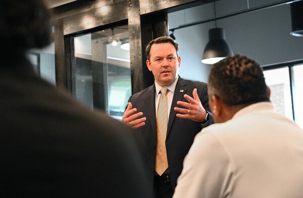 Burt Jones, Republican nominee for lieutenant governor, speaks to business leaders during a roundtable with minority business leaders at Ray’s Southern Foods on Oc.r 4, 2022. (Hyosub Shin / AJC)