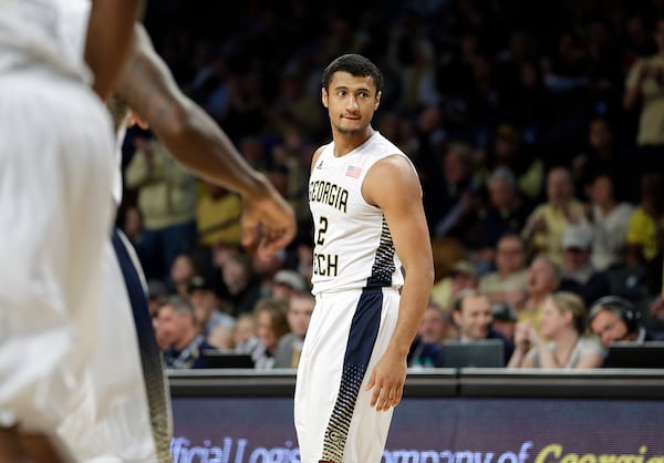 Georgia Tech's Chris Bolden runs down the court after scoring in the second half of an NCAA college basketball game against Wake Forest, Saturday, Feb. 7, 2015, in Atlanta. (AP Photo/David Goldman)