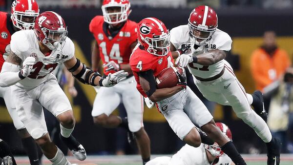 Georgia wide receiver Mecole Hardman runs during the second half of the NCAA college football playoff championship game against Alabama Monday, Jan. 8, 2018, in Atlanta. (AP Photo/David Goldman)