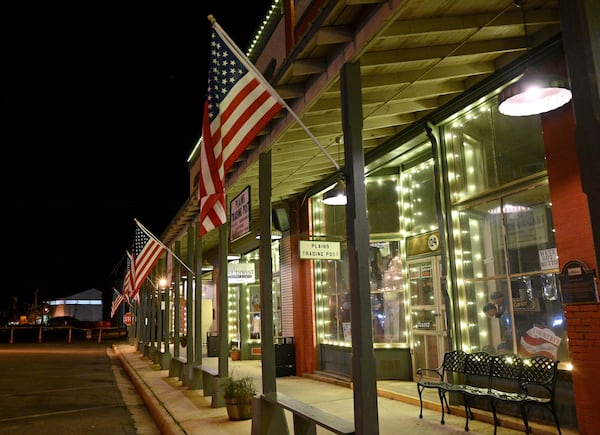 Downtown Plains is all lit up for President Carter and for the family, Tuesday, Feb. 21, 2023, in Plains, GA. (Hyosub Shin / Hyosub.Shin@ajc.com)