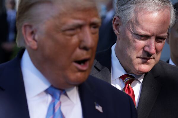 Then-President Trump and Chief of Staff Mark Meadows at the White House in 2020.(Alex Wong/Getty Images/TNS)