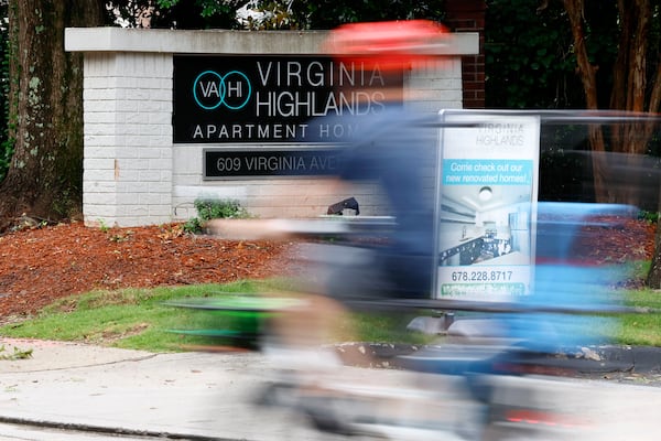 A sign of the entrance of Virginia Highlands apartments in Atlanta is seen on Wednesday, August 30, 2023. Landlords of apartment complexes, particularly those with older properties, capitalized on the surge in rental prices to achieve substantial profits quickly with aggressive loans due to high-interest rates.
Miguel Martinez /miguel.martinezjimenez@ajc.com