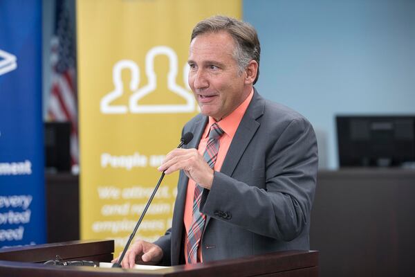 Newly named Fulton County Superintendent finalist Mike Looney speaks during a presser at the Fulton County School North Learning Center, Wednesday, April 17, 2019. (ALYSSA POINTER/ALYSSA.POINTER@AJC.COM)