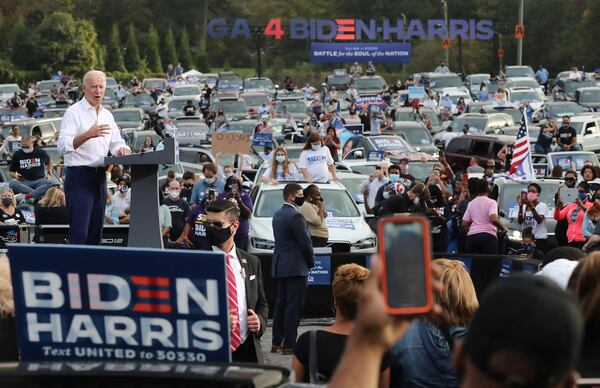 Democratic presidential candidate Joe Biden speaks at a drive-in rally event during his visit to Georgia at the amphitheatre at Lakewood on Tuesday in Atlanta. (Curtis Compton/Atlanta Journal-Constitution/TNS)