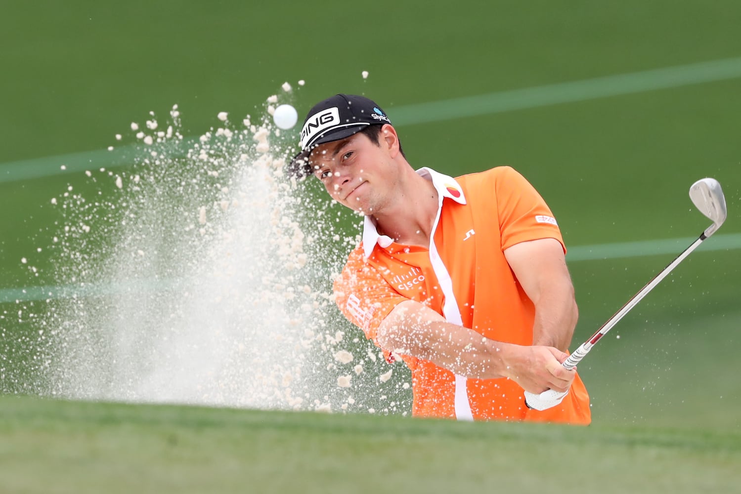 April 10, 2021, Augusta: Viktor Hovland hits out of the bunker on the second hole during the third round of the Masters at Augusta National Golf Club on Saturday, April 10, 2021, in Augusta. Curtis Compton/ccompton@ajc.com