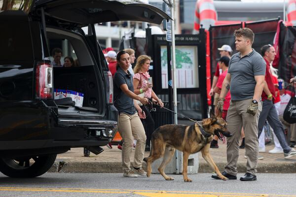 Automobiles are searched by law enforcement as they drive onto University Boulevard before the Alabama vs Georgia football game, Saturday, Sept. 28, 2024, in Tuscaloosa, Al. Security was increased with the expected arrival of former President Donald Trump. (Jason Getz / AJC)

