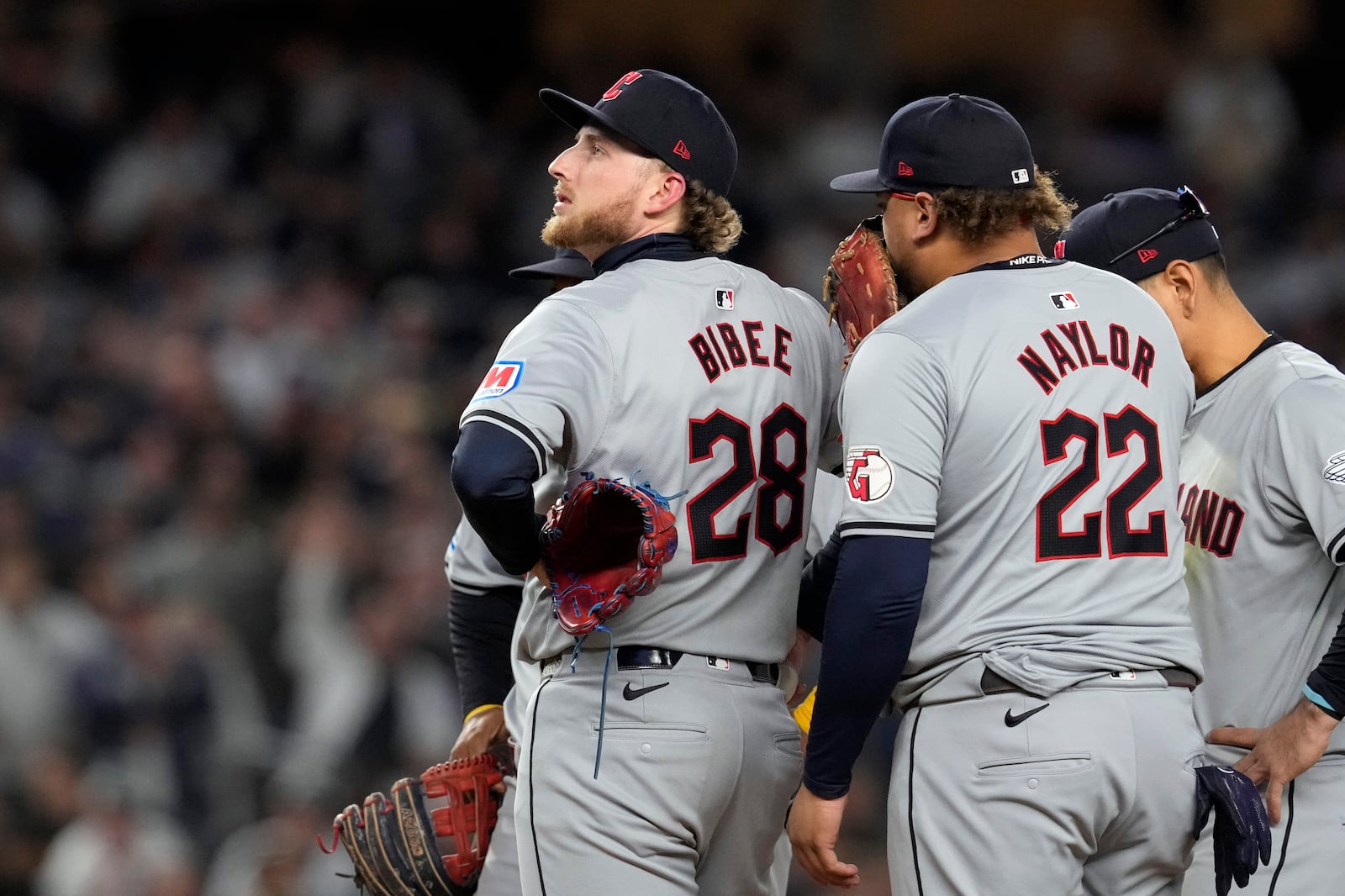 Cleveland Guardians starting pitcher Tanner Bibee (28) waits to be pulled from the game during the second inning in Game 2 of the baseball AL Championship Series against the New York Yankees Tuesday, Oct. 15, 2024, in New York. (AP Photo/Godofredo Vásquez)