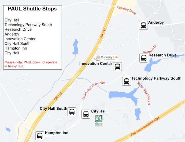 The driverless shuttles in Peachtree Corners will travel along Technology Parkway. They'll begin and end at City Hall. (Courtesy City of Peachtree Corners)