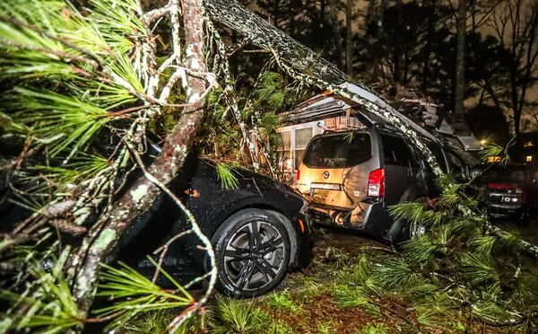 A tree fell on a house Friday morning on Eisenhower Road in southeast Atlanta, crushing two cars in the driveway.