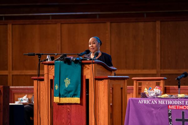 
                        Fani Willis, the Fulton County district attorney, speaks to leaders of the African Methodist Episcopal Church at Turner Chapel AME Church in Marietta, Ga., on Thursday, June 13, 2024. “I’ve lived the experience of a Black woman who is attacked and over-sexualized,” Willis told leaders of the African Methodist Episcopal Church on Thursday. (Leah Overstreet/The New York Times)
                      