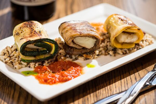  Mediterranea Involtini with eggplant, yellow squash, and zucchini rolled around pan fried haloumi cheese. Photo credit- Mia Yakel.