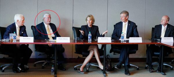 10/3/18 - Atlanta -  Dean Alford (from left),  State Board of Regents, Wayne Johnson, Department of Education, Betsy DeVos, U.S. Education Department Secretary , G. P. "Bud" Peterson, Georgia Tech President, and Dene Sheheane,  Georgia Tech Vice President, take part in the meeting.  DeVos made a stop at Georgia Tech on Wednesday where she meet with students to learn about Tech's efforts to rethink college education and to promote a new mobile FAFSA app that's touted to streamline the financial aid application process.   BOB ANDRES  / BANDRES@AJC.COM