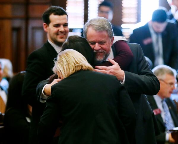  Appropriations chairman Terry England, R - Auburn, congratulates the budget staff after the budget passed in this February 2019 photo. Lawmakers put $1.8 million in next year’s budget for more school bus upgrades.