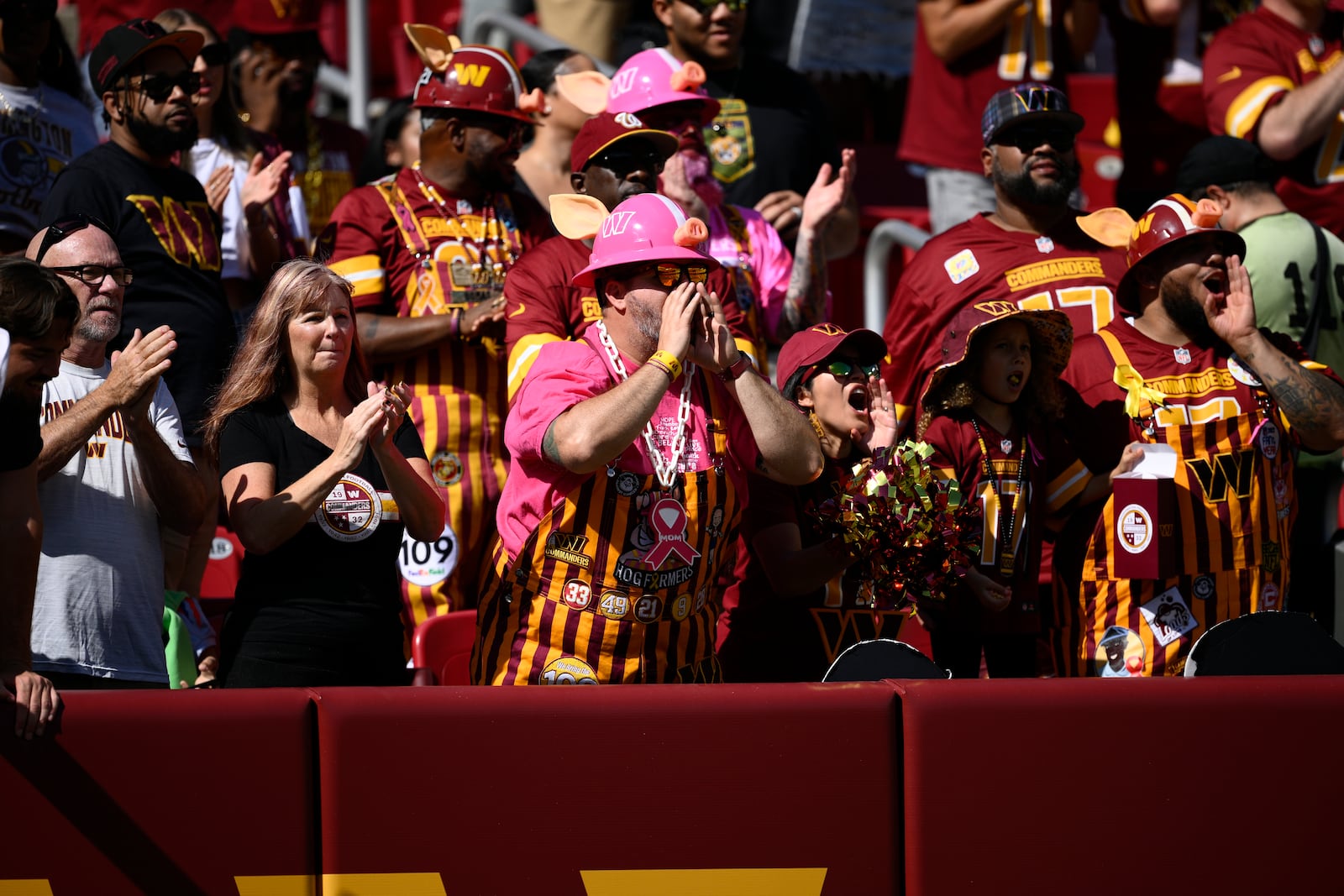 FILE - Spectators react during the first half of an NFL football game between the Washington Commanders and the Cleveland Browns, Sunday, Oct. 6, 2024, in Landover, Md. (AP Photo/Nick Wass, File)