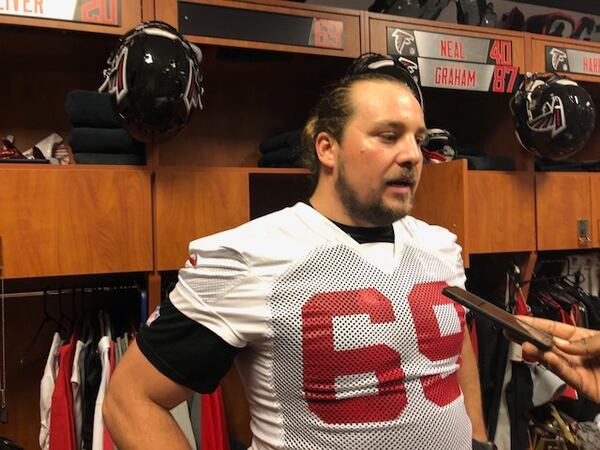 Offensive lineman Zane Beadles before heading out to practice on Wednesday, Oct. 31, 2018. (By D. Orlando Ledbetter/dledbetter@ajc.com)