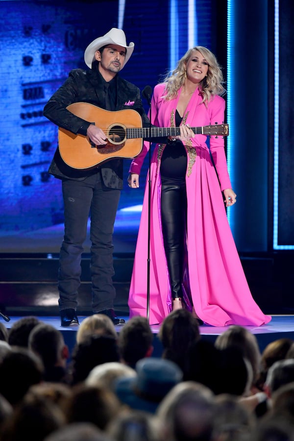 Brad Paisley and Carrie Underwood onstage during the 52nd annual CMA Awards at the Bridgestone Arena on Nov. 14, 2018 in Nashville, Tennessee.  (Photo by Michael Loccisano/Getty Images)