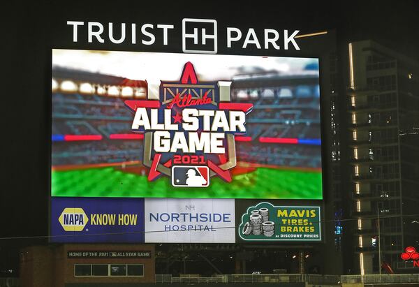 The original logo of the 2021 MLB All-Star game was shown on the Truist Park video board on Sept. 24, 2020. MLB decided early this month to move the game to Colorado.