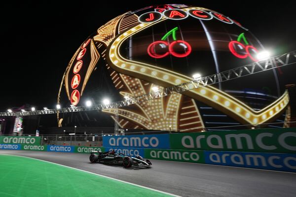 Mercedes driver George Russell, of Britain, drives during qualifications for the Formula One U.S. Grand Prix auto race, Friday, Nov. 22, 2024, in Las Vegas. (AP Photo/Rick Scuteri)