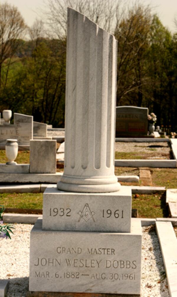 This tombstone stands on the spot that John Wesley Dobbs was buried. South-View Cemetery was started 120 years ago by a group of black men who wanted to have a place where black people could be buried with dignity.