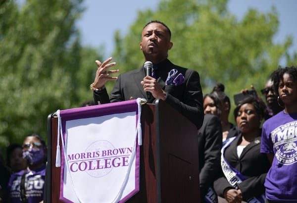 Morris Brown President Kevin E. James accepted the Perseverance Award  at the Juneteenth Honors celebration that was taped Thursday. He is pictured at a news conference in 2022. (Natrice Miller/The Atlanta Journal-Constitution)