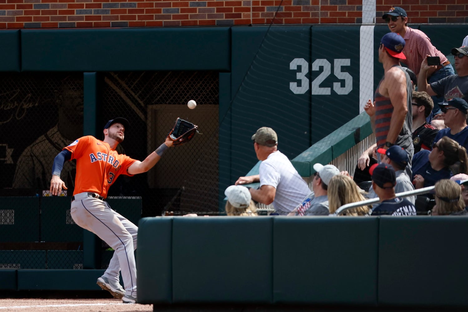 Astros right fielder Kyle Tucker catches a fly from Braves' Matt Olson during the eighth inning at Truist Park on Sunday, April 23, 2023.
Miguel Martinez / miguel.martinezjimenez@ajc.com 