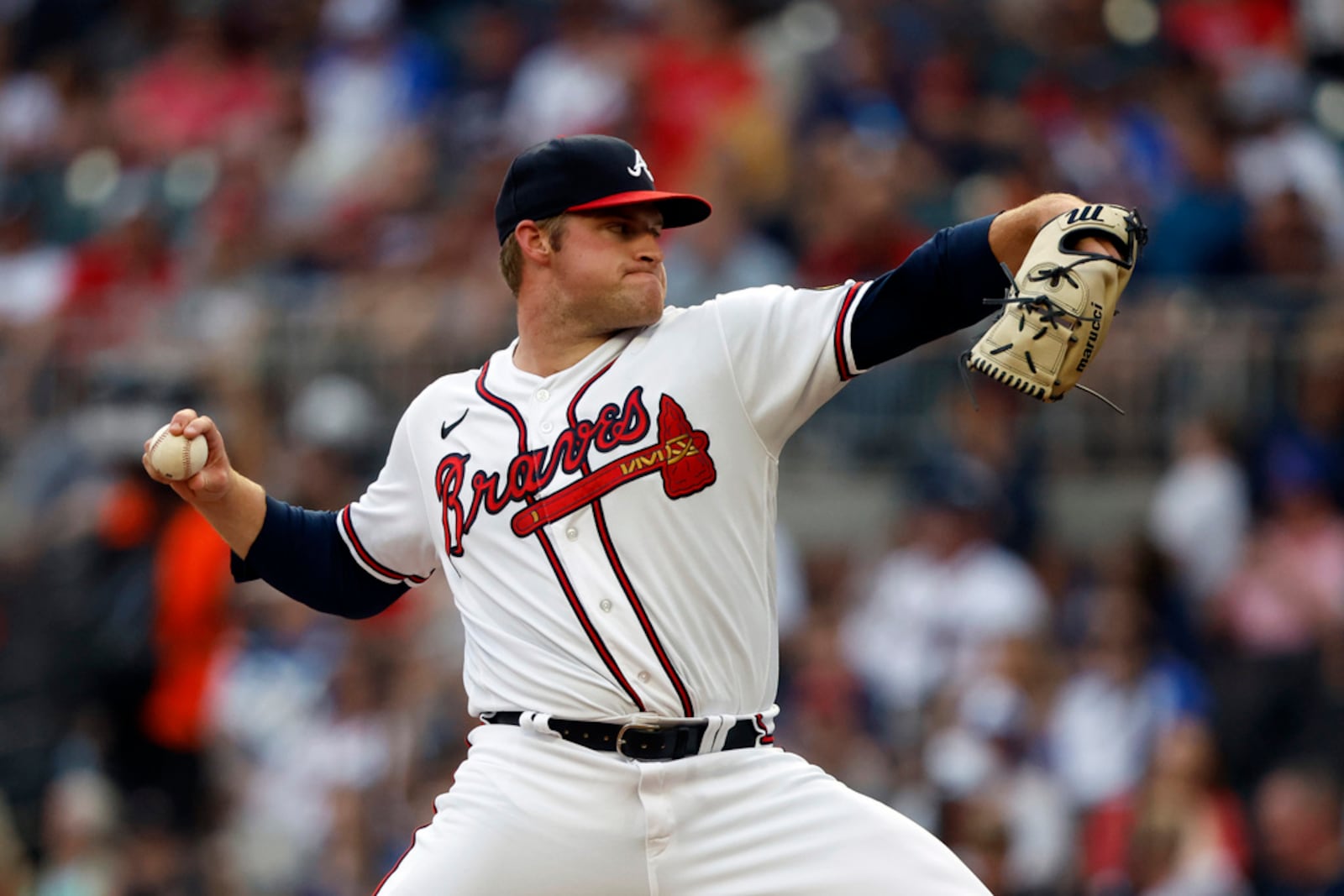 Atlanta Braves starting pitcher Bryce Elder pitches during the first inning of a baseball game against the New York Mets, Tuesday, Aug. 22, 2023, in Atlanta. (AP Photo/Butch Dill)