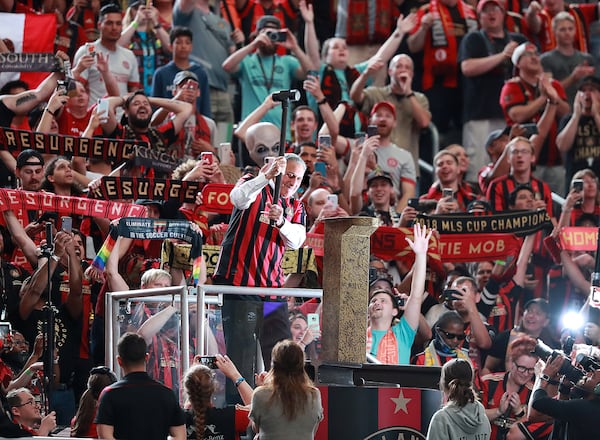 May 12, 2019 Atlanta: The fans cheer Atlanta United owner Arthur Blank as he hammers the golden spike to begin the game against Orlando City in a MLS soccer match on Sunday, May 12, 2019, in Atlanta. Blank also owns the Atlanta Falcons. Curtis Compton/ccompton@ajc.com