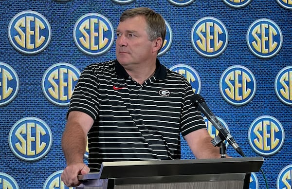 Georgia football coach Kirby Smart listens intently to a reporter's question during a 15-minute question-and-answer session on the first day of the SEC Spring Meetings on Tuesday, May 30, 2023, at the Sandestin Hilton Beach and Golf Resort in Destin, Fla. (Photo by Chip Towers/ctowers@ajc.com)