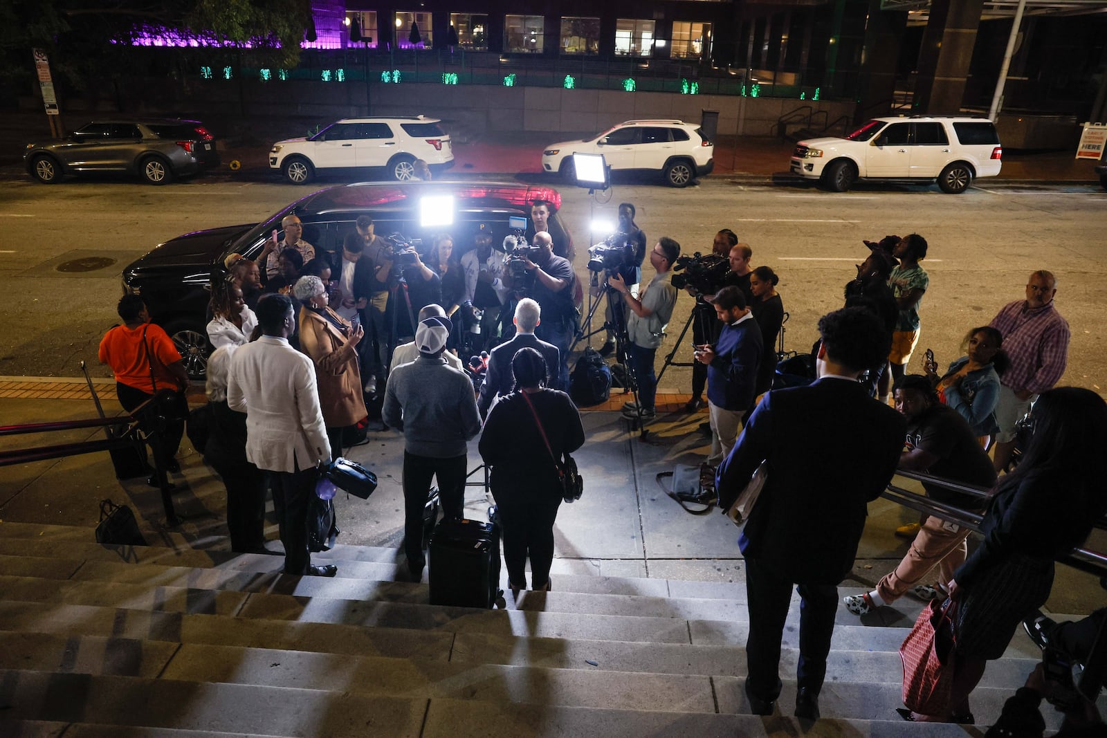 Lawyers representing Young Thug, Brian Steel, and Keith Adams, speak to press members outside the Fulton County Superior Court after a judge sentenced him to time served and 15 years on probation on Thursday, October 31, 2024.
(Miguel Martinez / AJC)