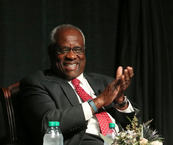  U.S. Supreme Court Justice Clarence Thomas laughs before speaking to an audience at McLennan Community College in Waco, Texas, on Sept. 7. (Rod Aydelotte/Waco Tribune-Herald via AP)