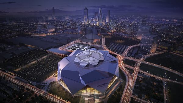 This artist’s rendering shows how Mercedes-Benz Stadium, slated to open in 2017, will look with the roof closed. The stadium is under construction next to the Georgia Dome, which will be demolished after the Falcons’ new home opens. (Rendering from Mercedes-Benz)