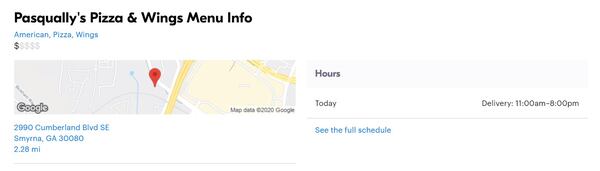 The screengrab shows the Pasqually's business name for a business address that is a Chuck E. Cheese location in Smyrna, Georgia.