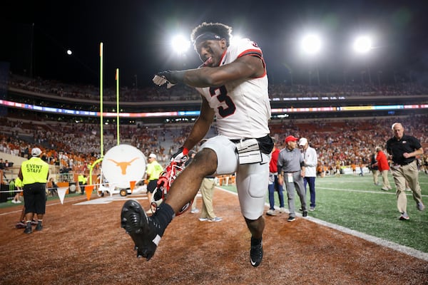 Georgia running back Nate Frazier (3) celebrates after their 30-15 win against Texas at Darrel K Royal Texas Memorial Stadium, Saturday, October 19, 2024, in Austin, Tx. (Jason Getz / AJC)

