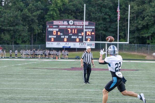 Lincoln Delaere, here catching a touchdown pass against Northgate, has been one of Starr Mill's top receivers. (Photo by Vince Nalin, Newnan Times-Herald)