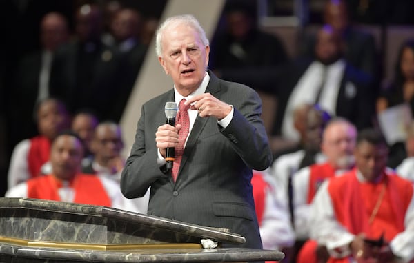 Former Georgia Gov. Roy Barnes speaks during the services for Bishop Eddie Long, senior pastor at New Birth Missionary Baptist Church, on Wednesday, Jan. 25, 2017. HYOSUB SHIN / HSHIN@AJC.COM