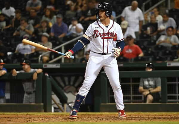 David McCabe of the Salt River Rafters bats during the game between the Glendale Desert Dogs and the Salt River Rafters at Goodyear Ballpark on Saturday, Oct. 14, 2023 in Goodyear, Arizona. (Arizona Fall League)