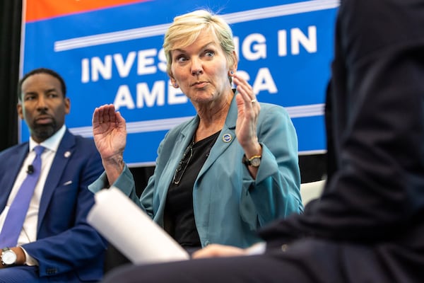 (L-R) Atlanta Mayor Andre Dickens and U.S. Energy Secretary Jennifer Granholm speak at an AJC/Georgia Tech town hall about electric vehicles, green energy initiatives and other Biden administration efforts to improve infrastructure and fight climate change on Wednesday, June 28, 2023. (Arvin Temkar/The Atlanta Journal-Constitution)