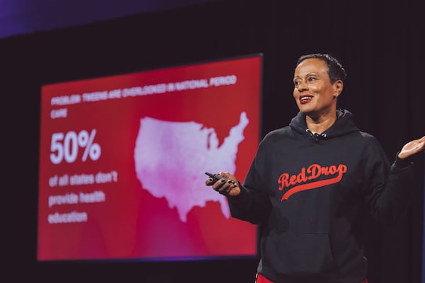 Monica Williams, co-founder and CEO of RedDrop, pitches during the 2024 Black Ambition Demo Day. Williams won $1 million for her company. Courtesy of Stephen Crosson/Black Ambition