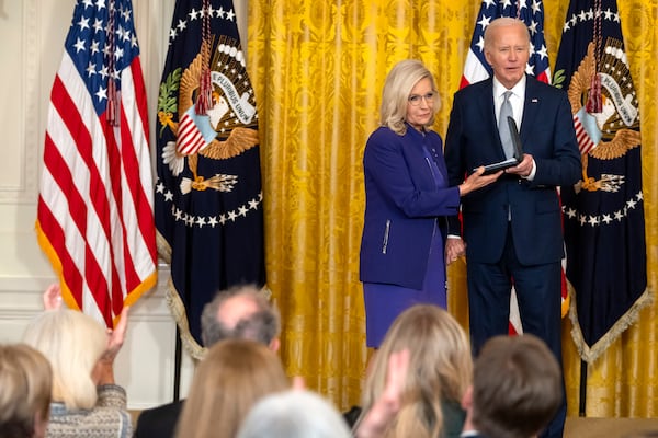 President Joe Biden awarded the Presidential Citizens Medal to former U.S. Rep. Liz Cheney, a Wyoming Republican, during a ceremony at the White House on Thursday.