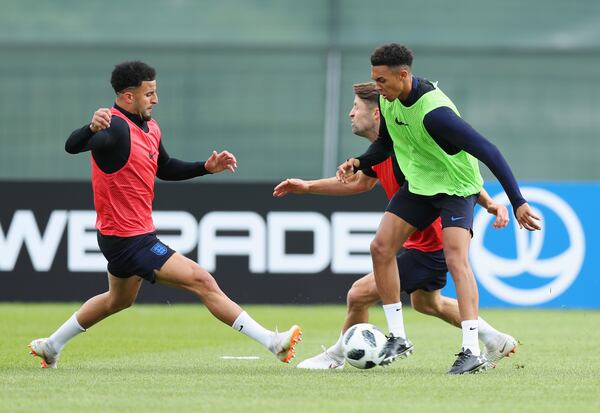 SAINT PETERSBURG, RUSSIA - JUNE 13:  Trent Alexander-Arnold, Gary Cahill and Kyle Walker of England in action during a training session as part of the England media access at Spartak Zelenogorsk Stadium ahead of the FIFA World Cup 2018 on June 13, 2018 in Saint Petersburg, Russia.  (Photo by Alex Morton/Getty Images)